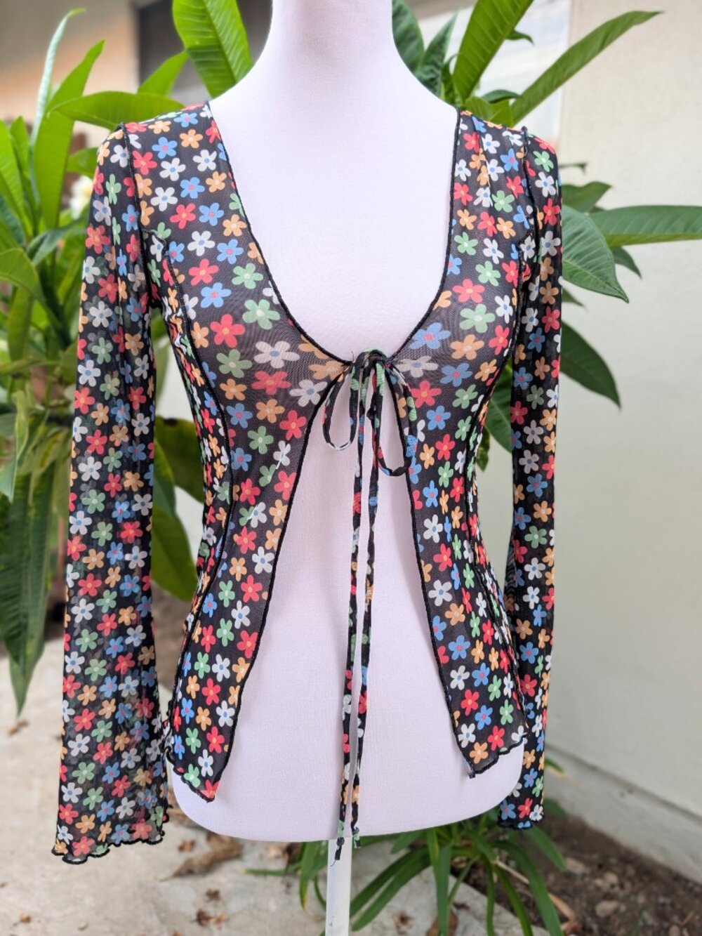 Dolls Kill Bailey Rose Black Multi Floral mesh tie Top EUC size small